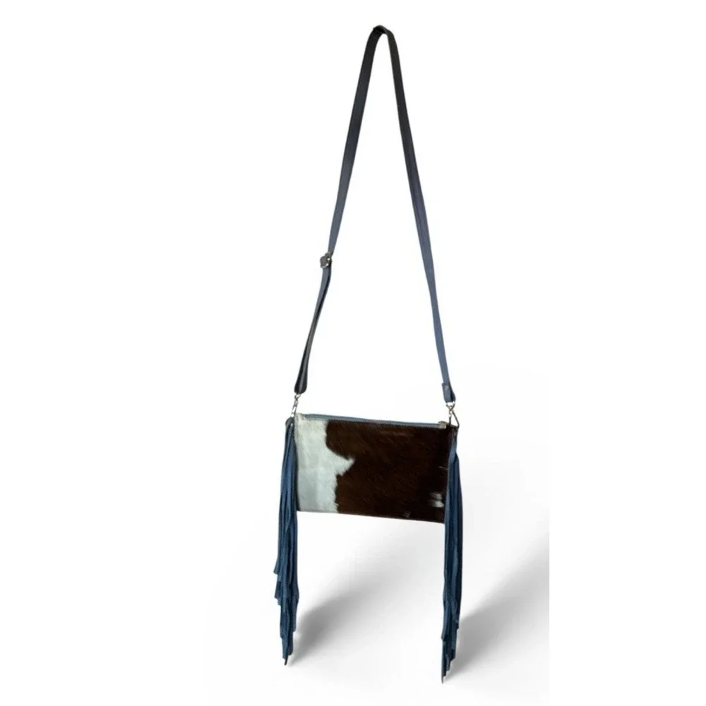 Western Linen TX—Cowhide Crossbody Fringe LTD Bag Blue Homestead Coastal Cowgirl